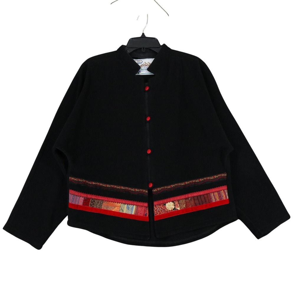 Vintage Diva France Large‎ Black Wool Blend Cropped Jacket Artisan Tapestry Trim
